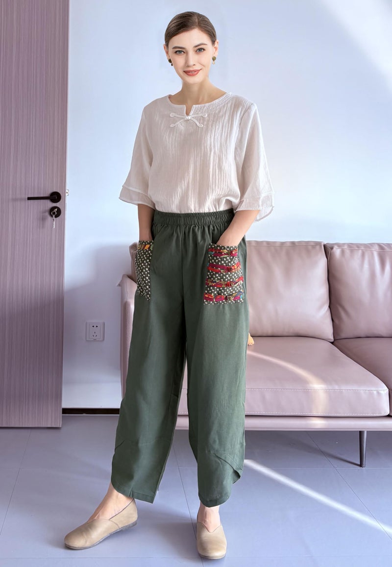 Minibee Women's Baggy Linen Wide Leg Trousers Casual Patchwork Elastic Waist Harem Pants Army Green M - Image 4